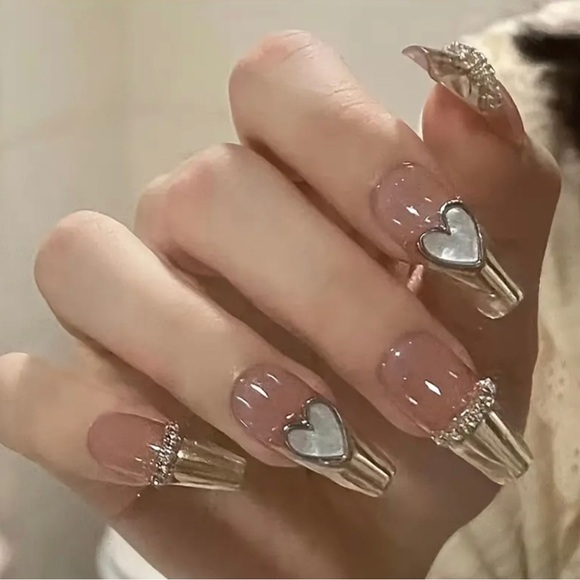 24pcs of ballet-style Golden French love mirror chain pure desire pink nails - Picture 2 of 5